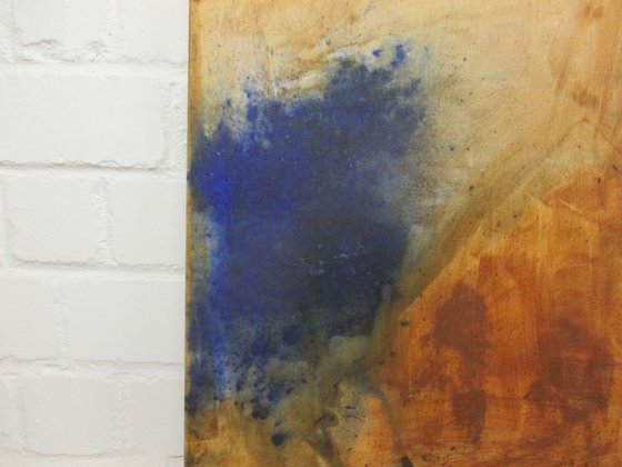 abstract blue and rust - informel painting 31,5x23,6