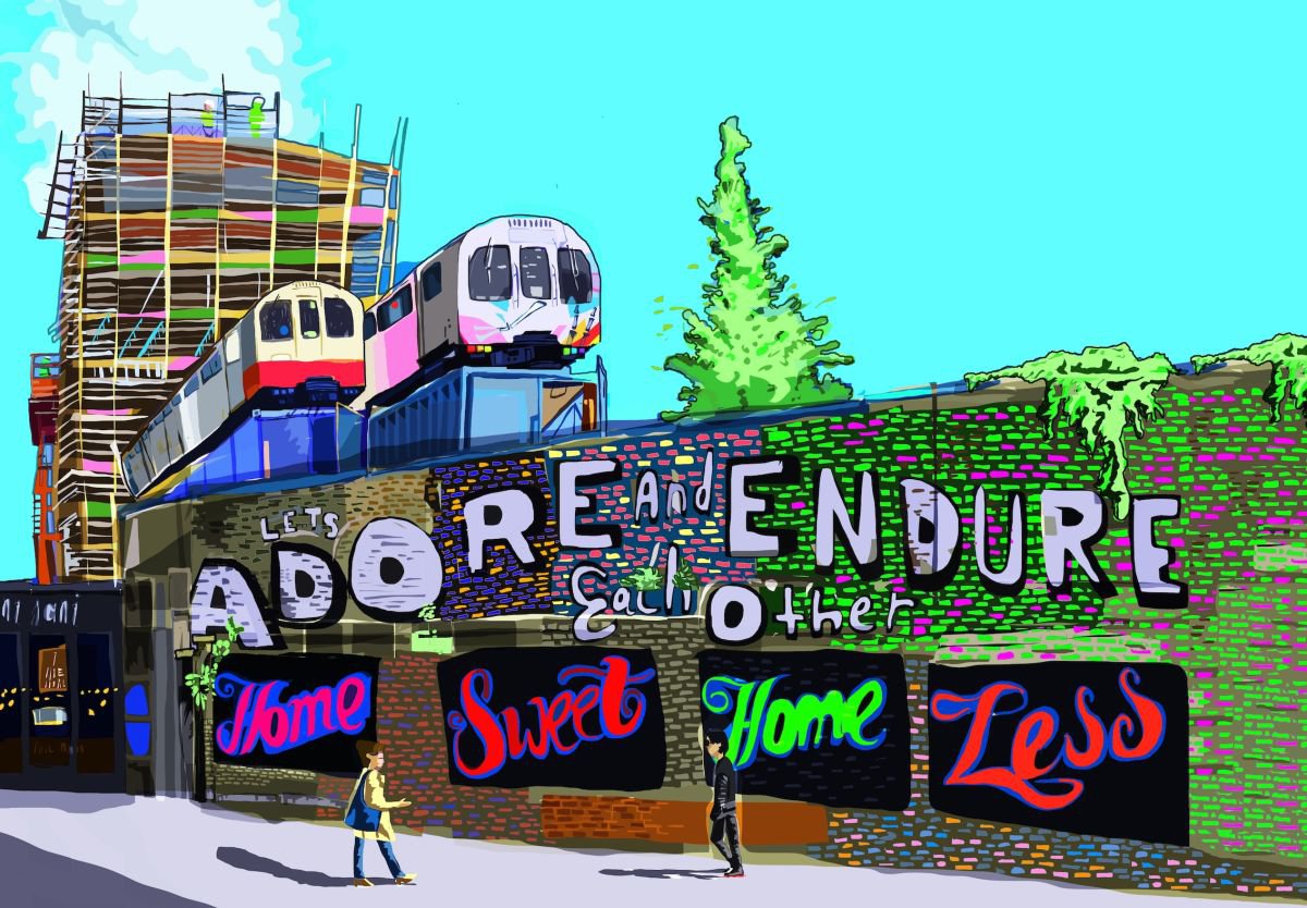 A3 Adore and Endure (Light Blue), East London Illustration Print by Tomartacus