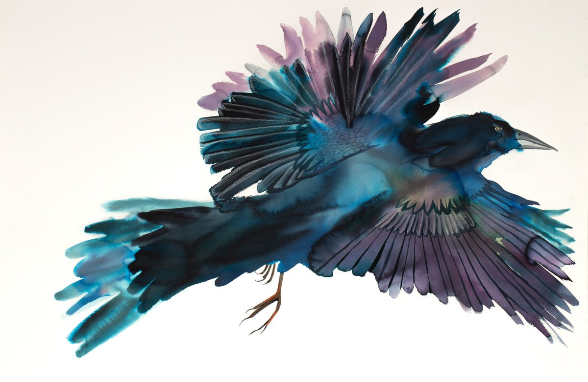 Expressive Animal Watercolour By Elizabeth Becker, 40 X 26, Grackle No. 5, Original Artwork
