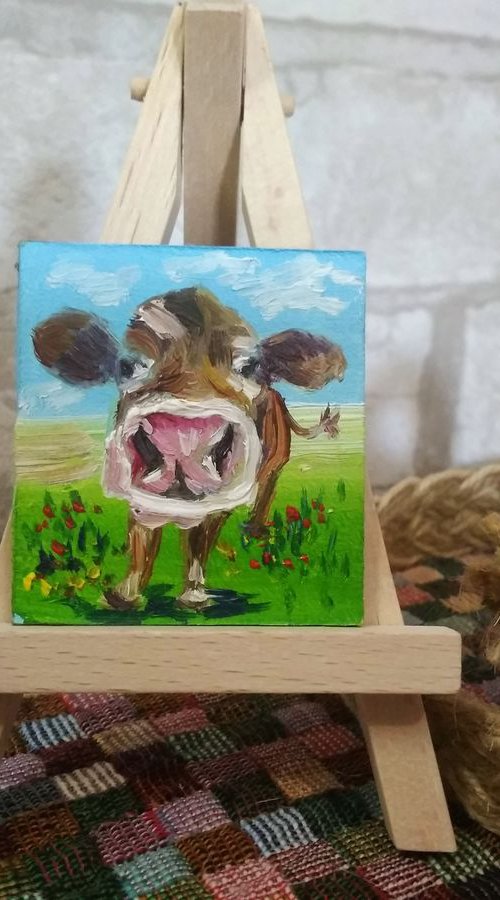 Cute cow miniature painting by Oksana Fedorova