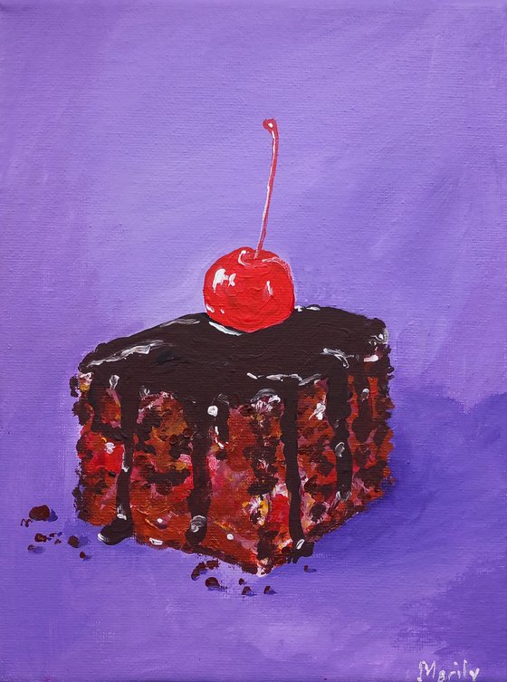 "Chocolate cake with cherry on top"