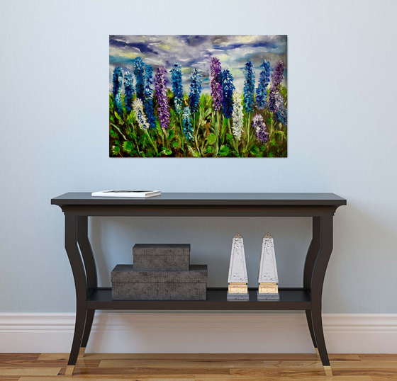 Delphiniums  in Regents Park in London, English garden,  meadow in summer flowers palette  knife modern  flowers office home decor gift
