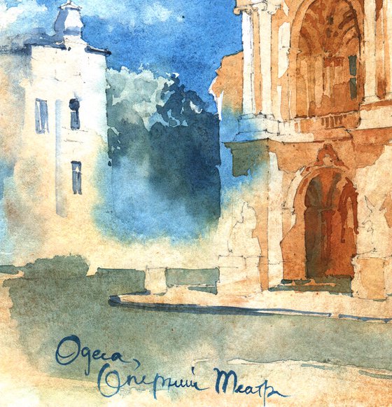 Architectural landscape "Opera theater in Odessa, Ukraine" - Original watercolor painting