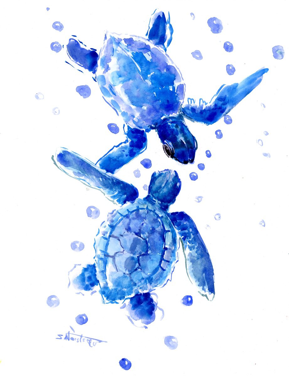 swimming Sea Turtles, BLue and Turquoise Turtle wall art by Suren Nersisyan