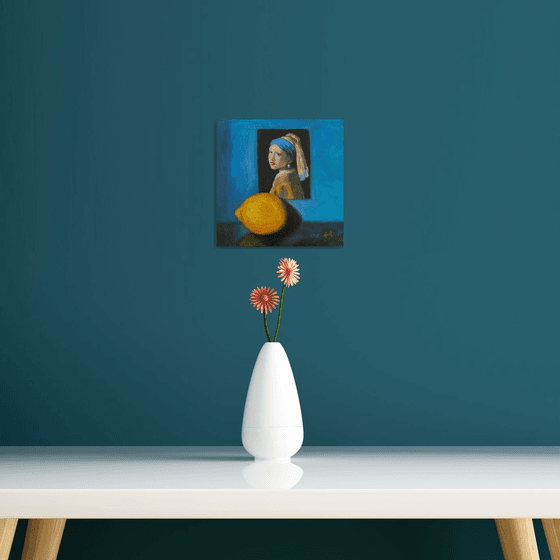 Vermeer's Girl with a Pearl Earring & a Lemon Life original oil realism painting.