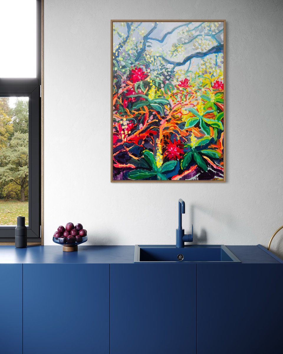 Expressive Botanical Acrylic Painting By Alice Gavin Atashkar, 28 X 39, Rhodedendron