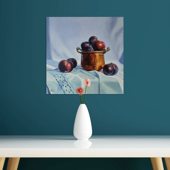 "Small copper saucepan and plums."  still life liGHt original painting PALETTE KNIFE  GIFT (2021)
