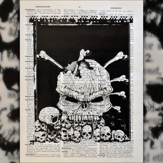 Too Many Skulls - Collage Art on Large Real English Dictionary Vintage Book Page