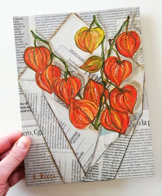 "Physalis Flowers Chinese Lanterns in a Newspaper Bag" Original Oil on Canvas Board Painting 7 by 10 inches (18x24 cm)