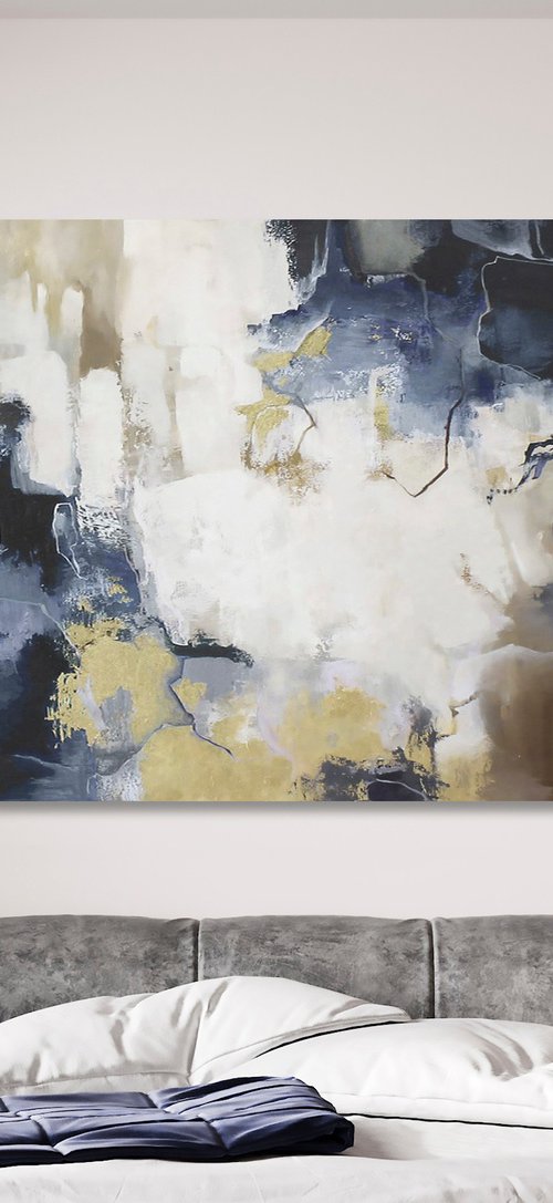 "Blue Flash" Navy blue white abstract art by Yana Sagan