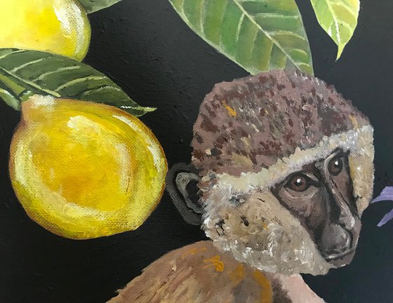 Jungle Heart Beat  - Two Macaques - Art-Deco - Organic Floral, XL LARGE PAINTING