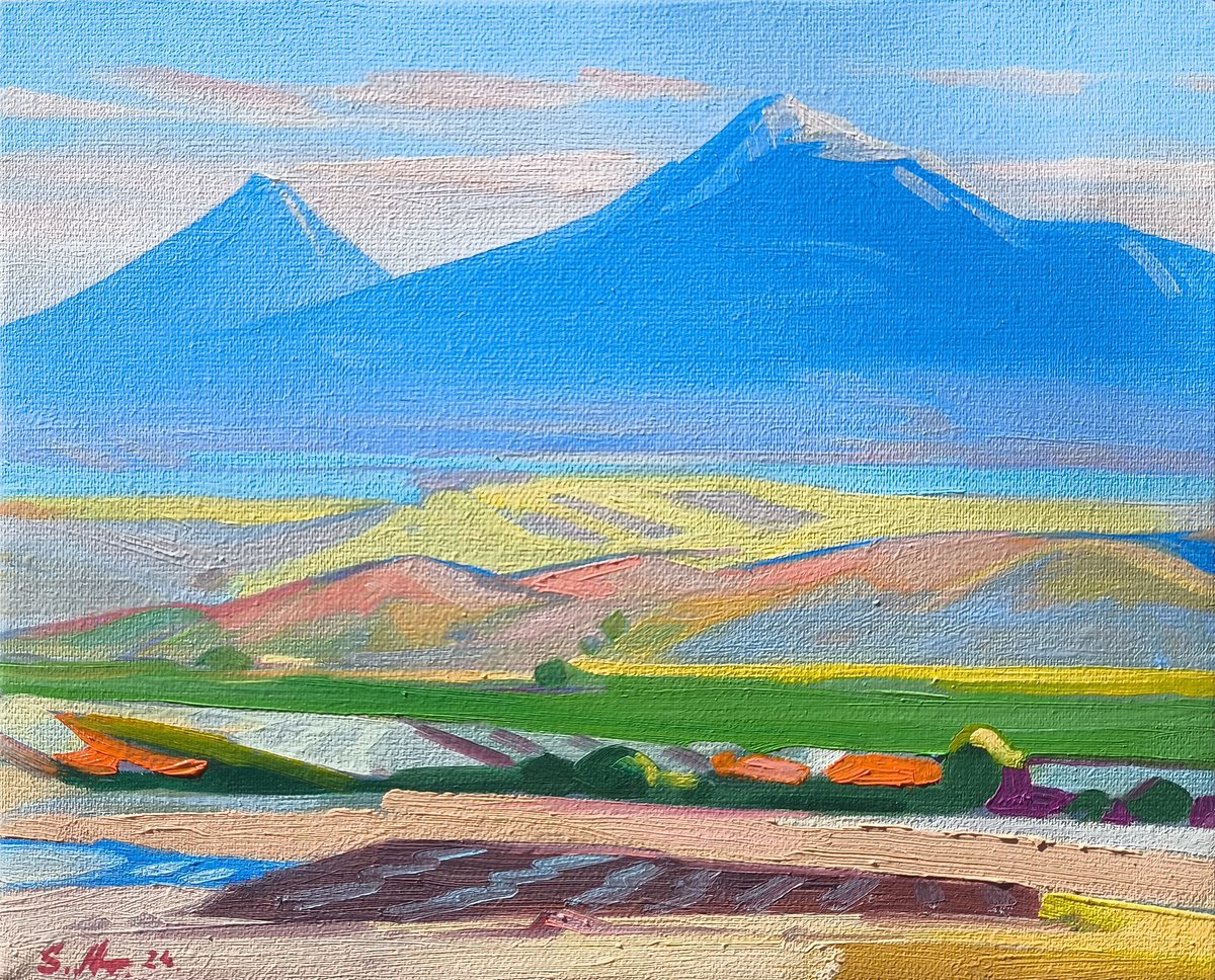 Impressionistic Landscape Oil Painting By Samvel Atasunc, 12 X 9", Guardians Of Ararat Field, Original Artwork