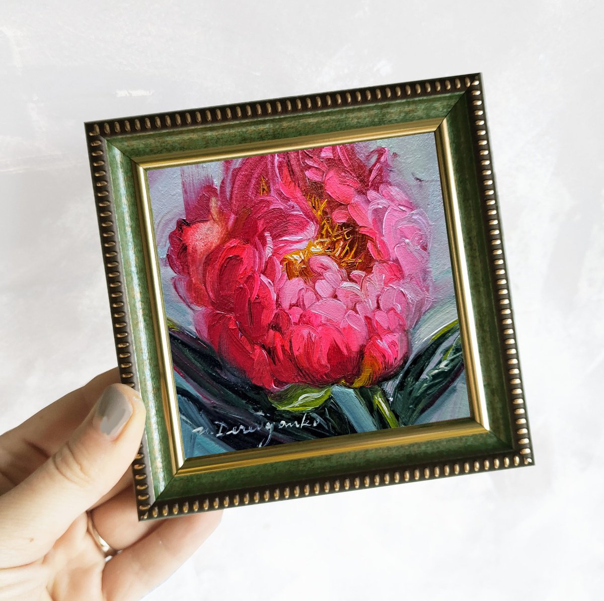 Small oil painting original framed art Hot pink peony flower 10x10 cm by Nataly Derevyanko