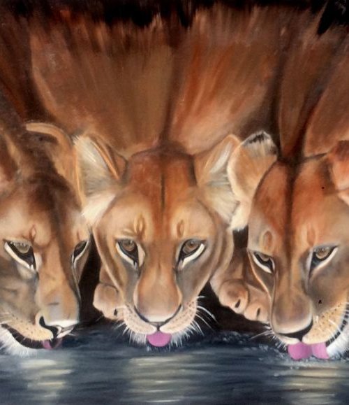 Lions at the watering place 39x20 in by Ira Whittaker