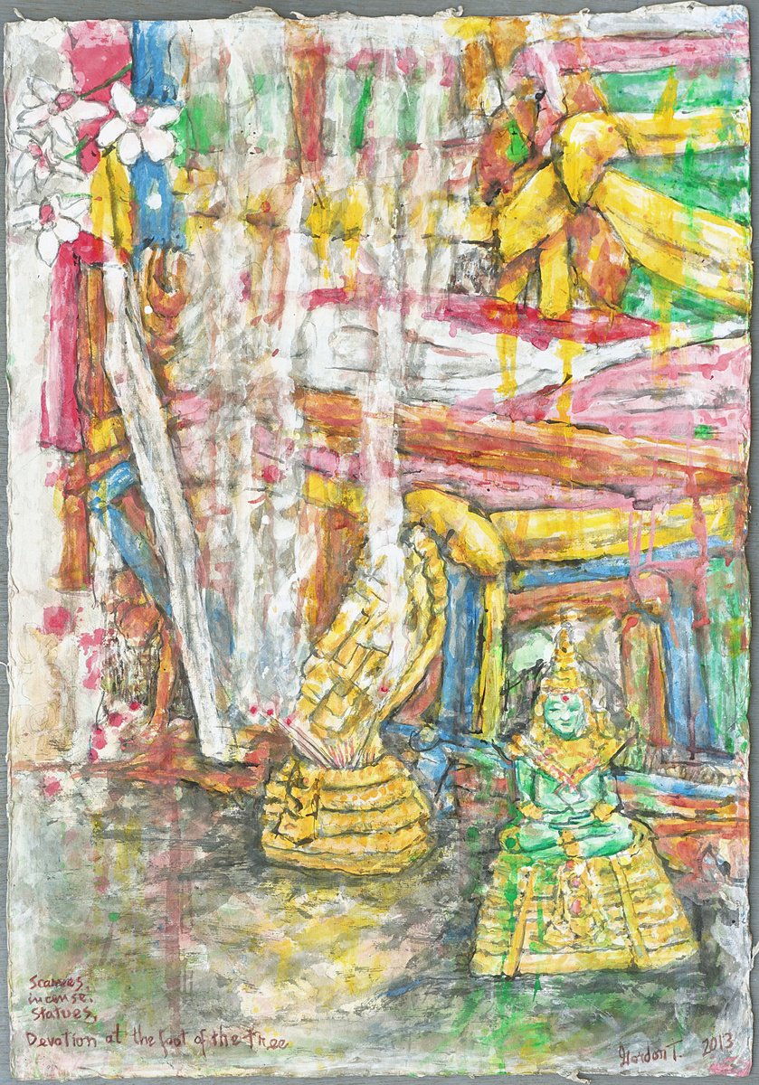 Expressive Still Life Painting By Gordon T., 21 X 31, Devotion At The Foot Of The Tree, Original Artwork