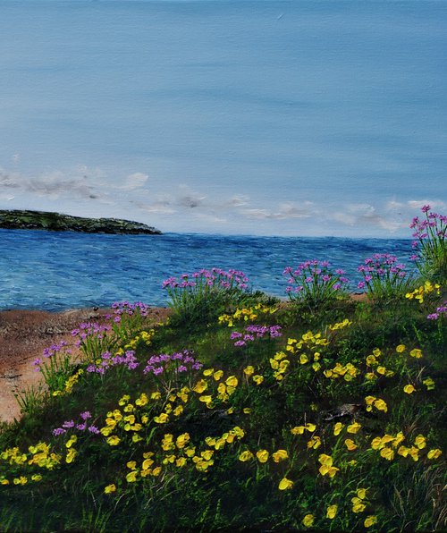 Sea Thrift and Gorse on Hibre Island  50cm x 100cm by Hazel Thomson