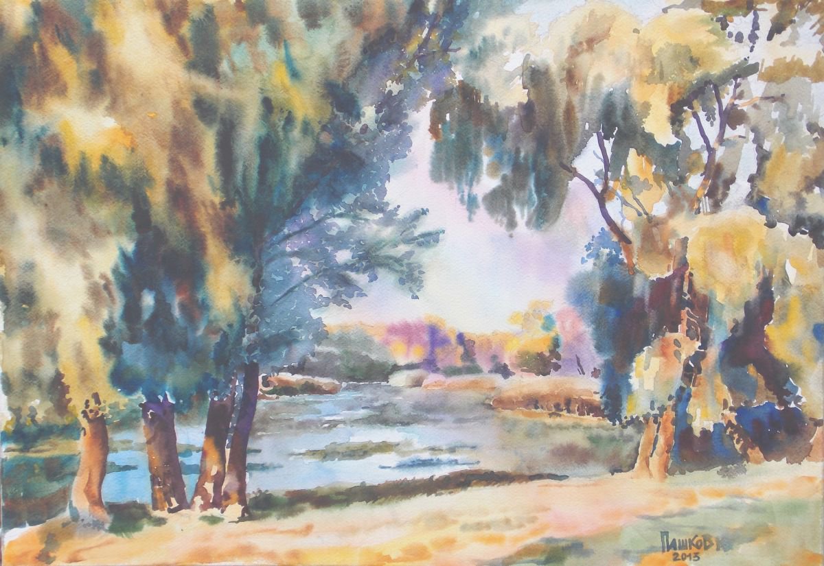 Impressionistic Landscape Watercolour By Yurii Pashkov, 26 X 18", Old Willow, Original Artwork