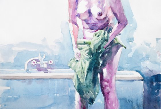 violet nude with green towel