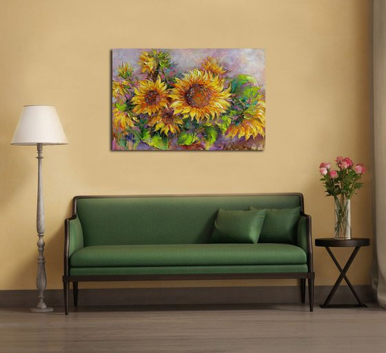 Sunflowers - Painting Oil Original, canvas, Bouquet of sunflowers, flowers sun, still life with sunflower,  impressionist artwork home decor