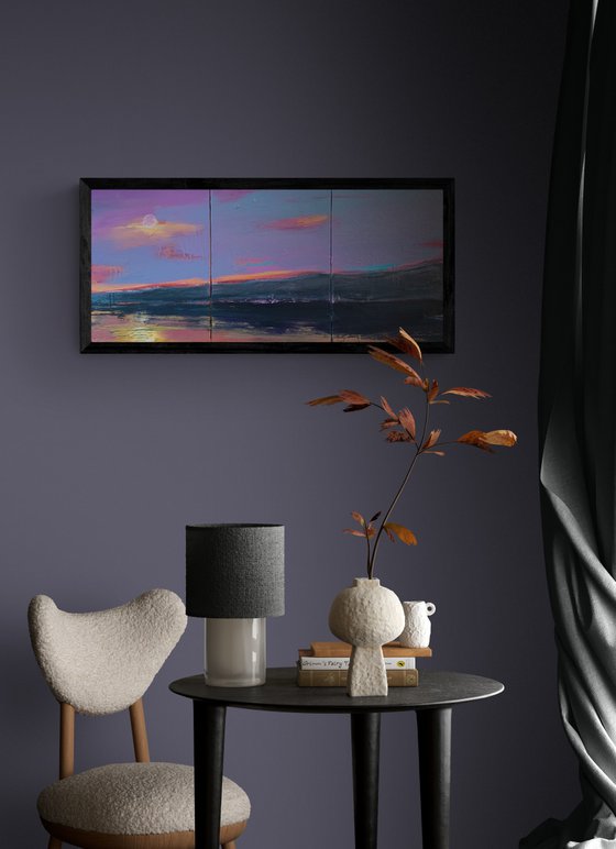 Bright landscape - "Violet mountain" - Seascape - Triptych - Minimalism - Sunset