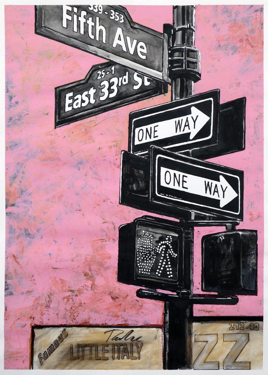 Urban And Pop Cityscapes Painting By Tashe, 20 X 28", "One Way" New York/50X70Cm, Original Artwork