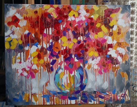 Flowers symphony - bouquet, flowers in vase, painting flowers, oil painting, flower, flowers painting original, oil painting floral,art, gift, home decor