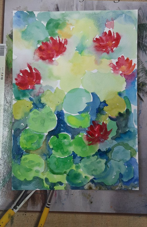 Lotuses and Water Lilies in a Pond