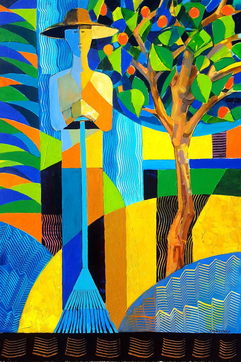 Geometric Botanical Acrylic Painting By Vadim Vaskovsky, 24 X 36", Gardener ( Psalm 1 ), Original Artwork
