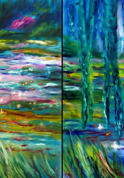 Monet Japanese Garden diptych by Ruslana Levandovska