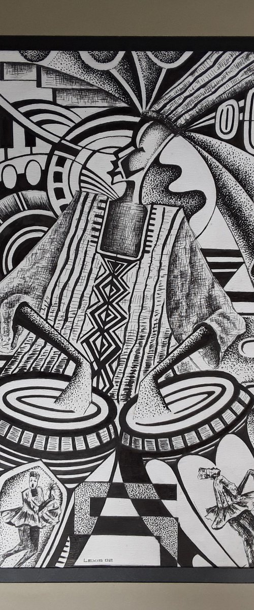 African Drummer pen and ink drawing by Alex Mensah