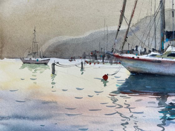 Yacht on the coast. Watercolor painting