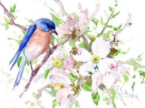 Bluebird and Dogwood Flowers by Suren Nersisyan