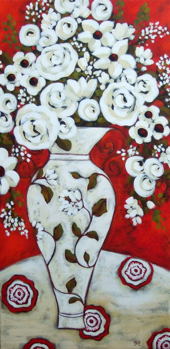 Impressionistic Botanical Acrylic Painting By Karen Rieger, 15 X 30", Red & White, Original Artwork
