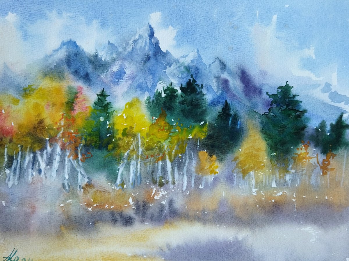 Impressionistic Landscape Watercolour By Ann Krasikova, 12 X 9, Mountain Grand Teton, Original Artwork