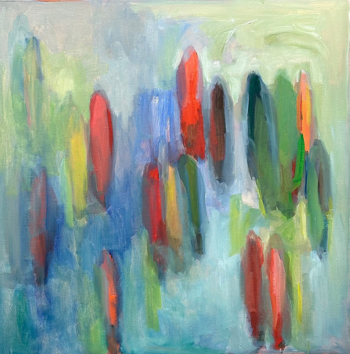 Abstract Oil Painting By Arun Prem, 24 X 24, La Angels In The Fog, Original Artwork