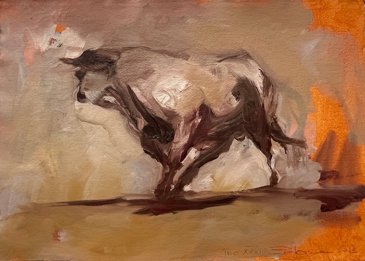 Expressive Animal Oil Painting By Zil Hoque, 16 X 12", Toro Essay Xxxiii, Original Artwork