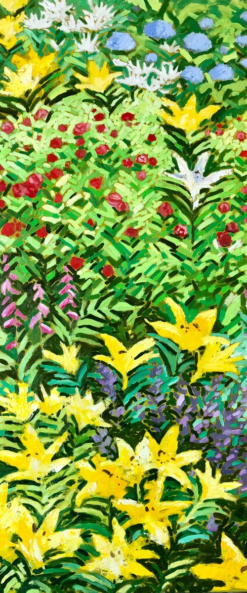 Large abstract flowers painting on canvas, garden floral by Volodymyr Smoliak
