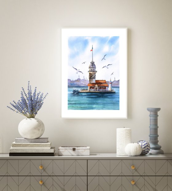 Seagulls at Bosphorus original waterolour landscape painting beach wall art sea artwork