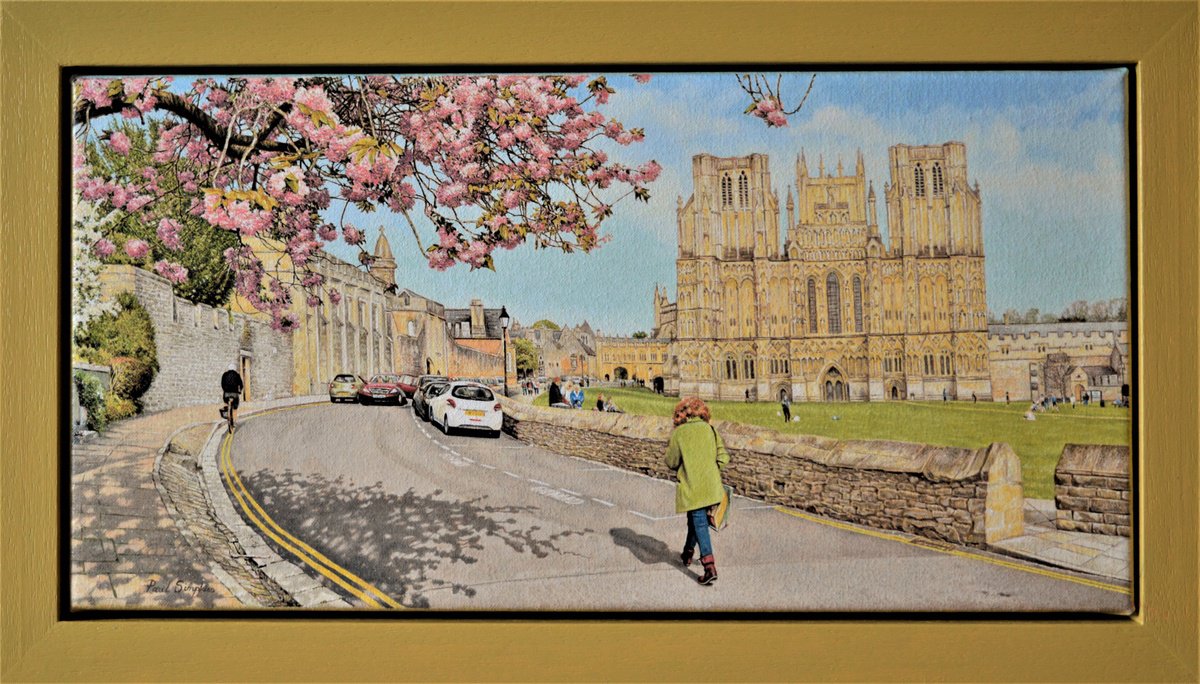 Cityscapes Oil Painting By Paul Simpkins, 18 X 10", Springtime In Wells, Original Artwork