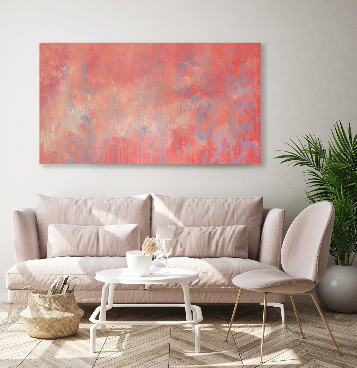 Organic Abstract Oil Painting By Nataliia Sydorova, 79 X 43", Peach And Blue, Original Artwork