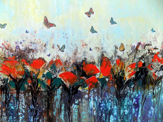 Dance of butterflies - Large abstract red flowers with butterflies, original artwork, abstract landscape