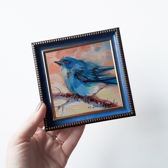 Bluebird painting original framed 10x10 cm, Bluebird art oil illustration small artwork framed, Bird lovers gift