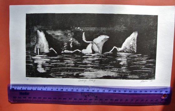 Upside Down Ducklings, Diving Ducks Monotype, Artwork on Paper