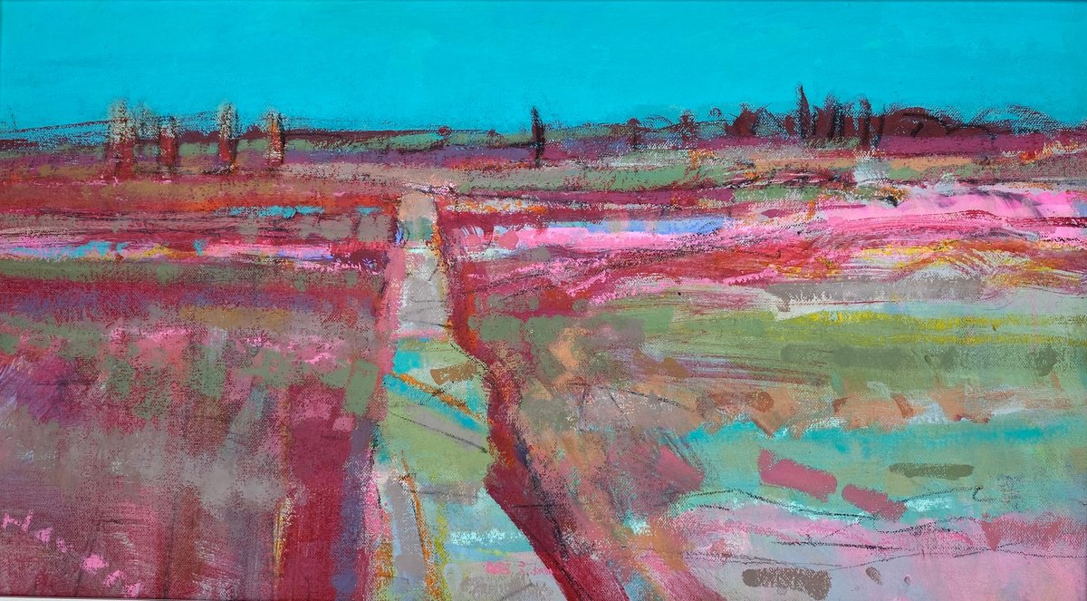 Abstract Landscape Acrylic Painting By Chrissie Havers, 29 X 19, Autumn Reds, Original Artwork