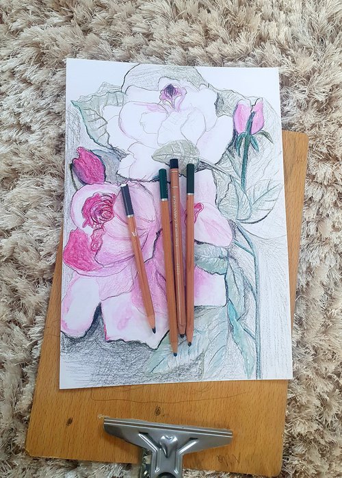 Floral Dance Drawing with Pencil and Watercolour Pencils A4 Size by Kumi Muttu