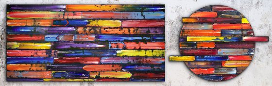 "Inseparable" - Save As A Series - Original PMS Sculptural Oil Painting Assemblage Diptych On Circular Wooden Panels - 79 x 24 inches