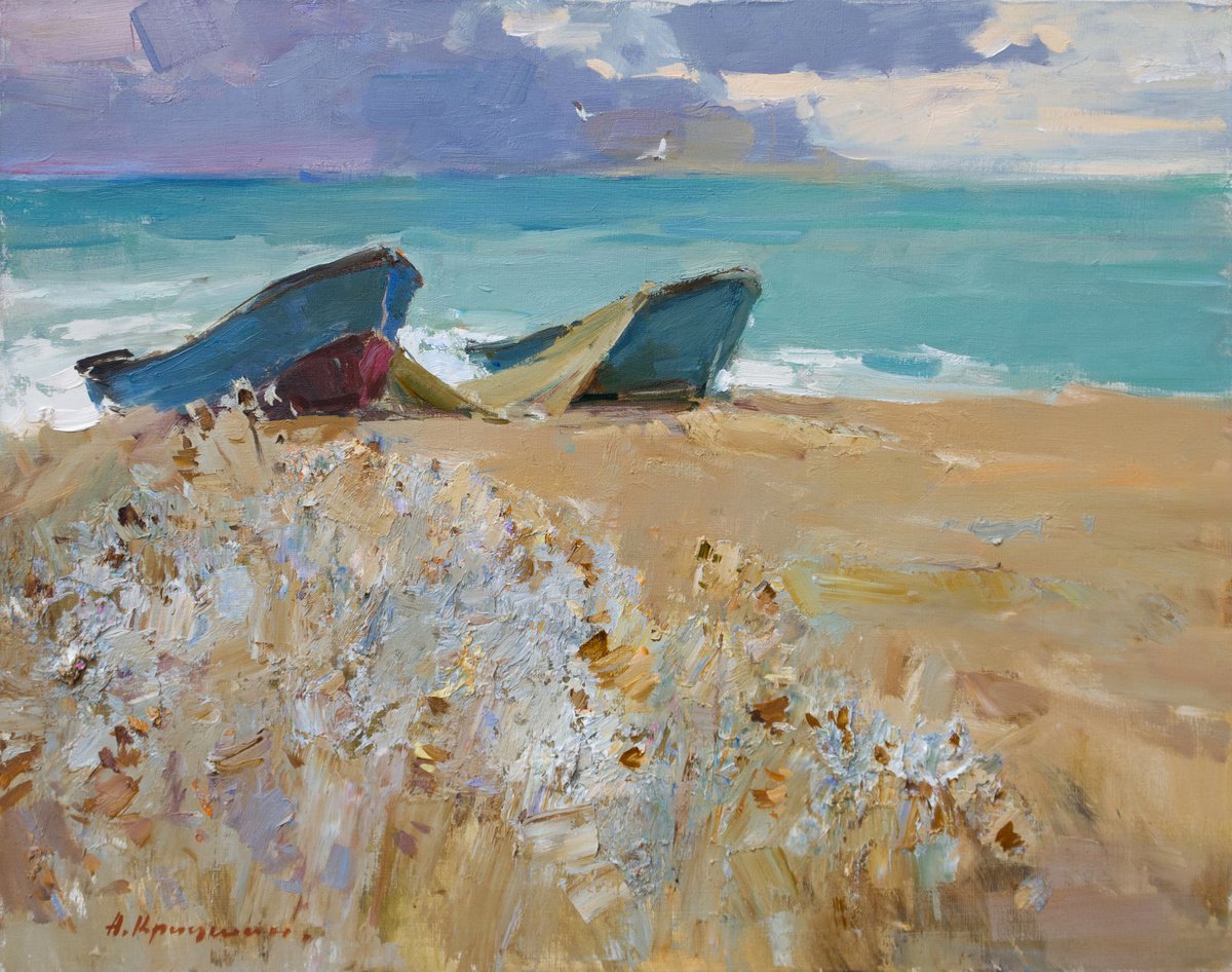 Impressionistic Landscape Oil Painting By Aleksandr Kryushyn, 28 X 24, Boats On The Coast, Original Artwork