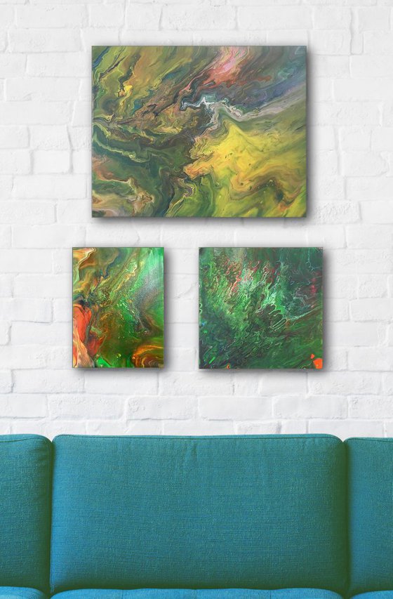 "Jungle Fever" - FREE USA SHIPPING - Original Triptych, Abstract PMS Acrylic Paintings Series - 21" x 28"