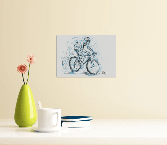 Esquisse crayon bleu et fusain, Cycliste