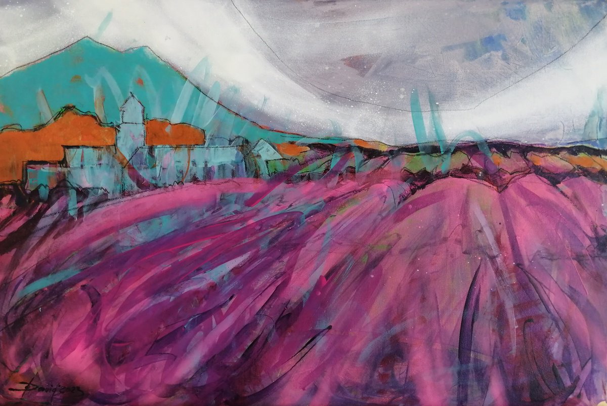 Expressive Landscape Painting By Olga David, 24 X 16", Sea Of Flowers Lavender, Original Artwork